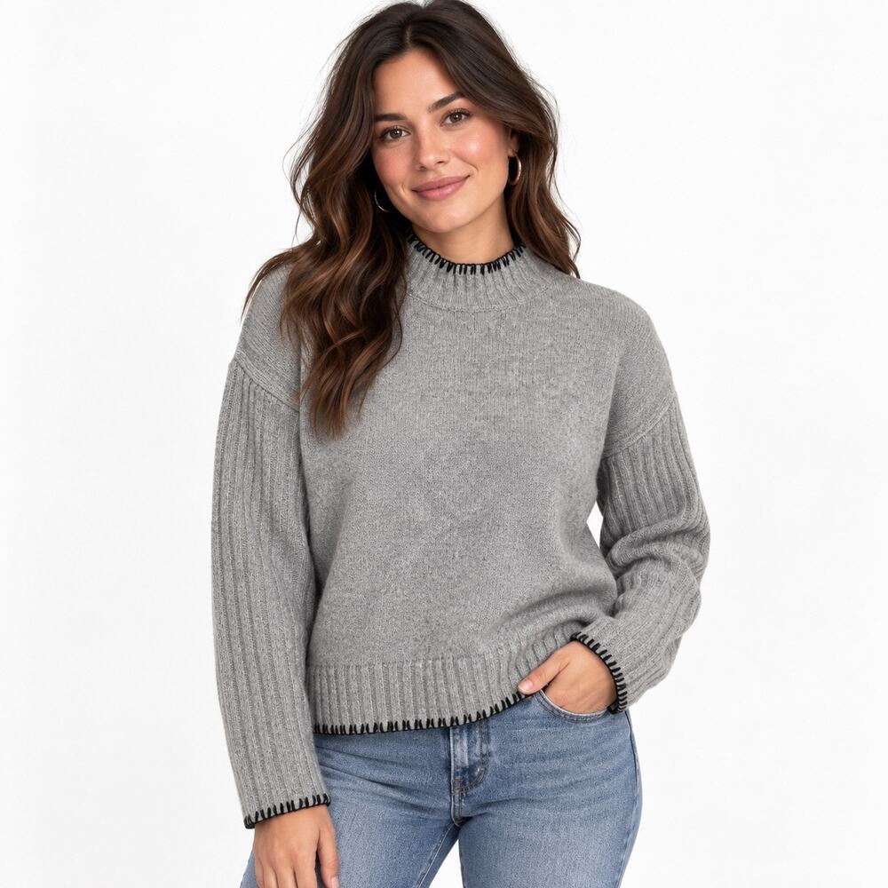 Revolve Joie Mock Neck Sweater Gray with Contrast black stitching. Women’s XL